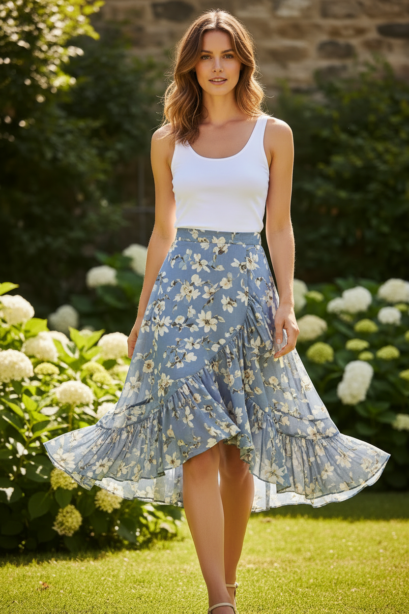 Dusty Blue Floral - Female model standing outdoors wearing Luna Floral Midi Skirt