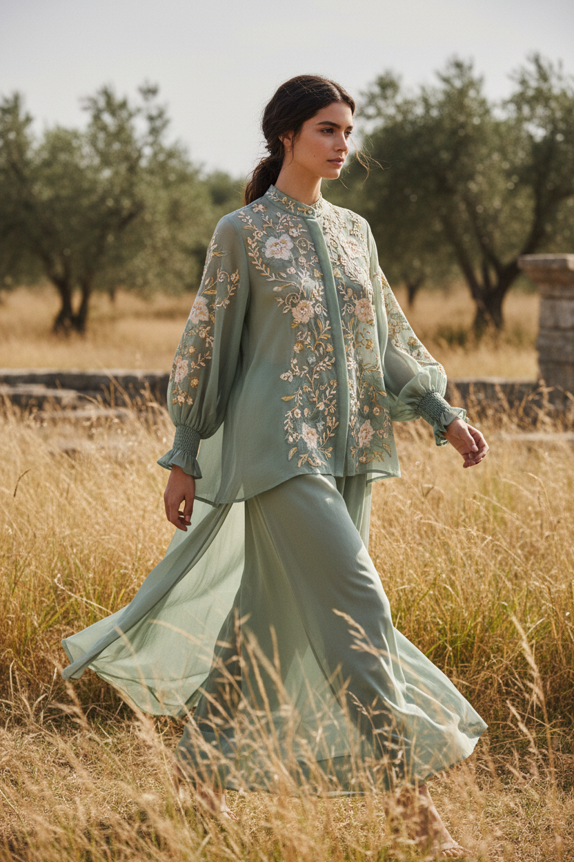 Sage Embroidered blouse – female model walking outdoors