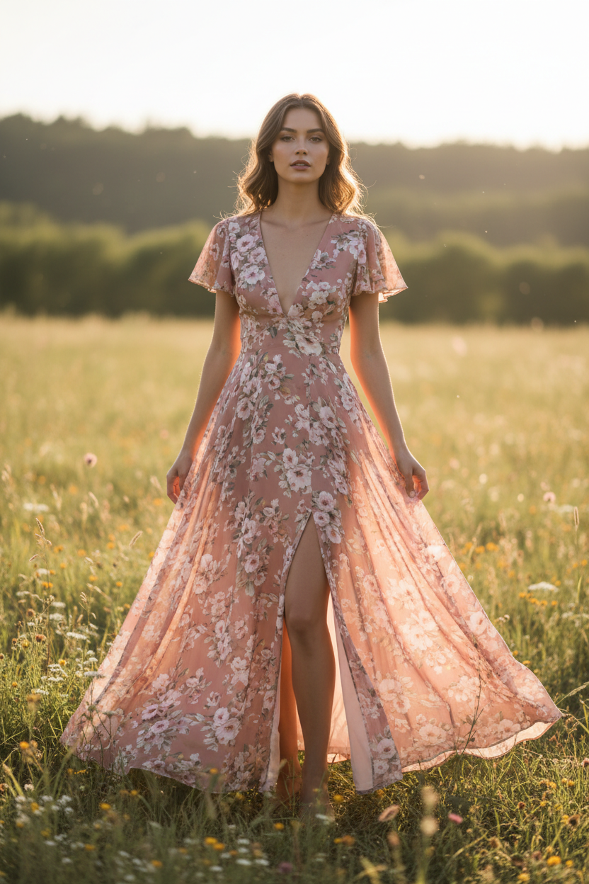 Isabella Floral Maxi Dress Dusty Rose – Model standing outdoors