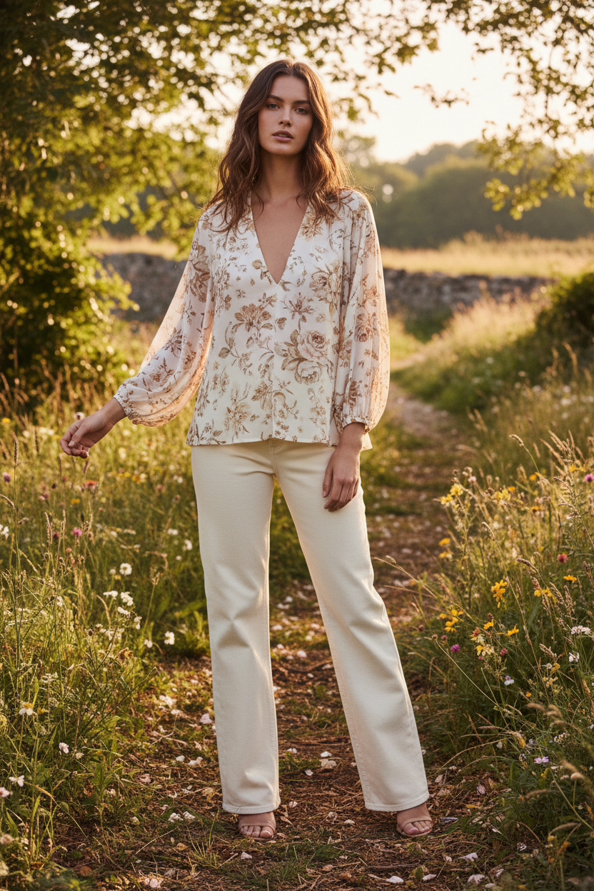 Female model standing outdoors wearing Aurora Floral Blouse in Ivory Floral