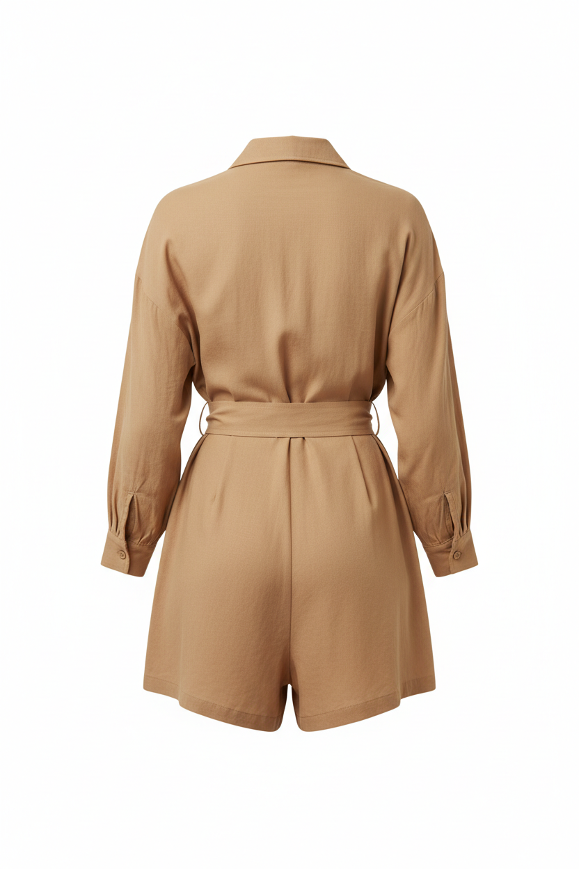 Camel belted playsuit - back view white background