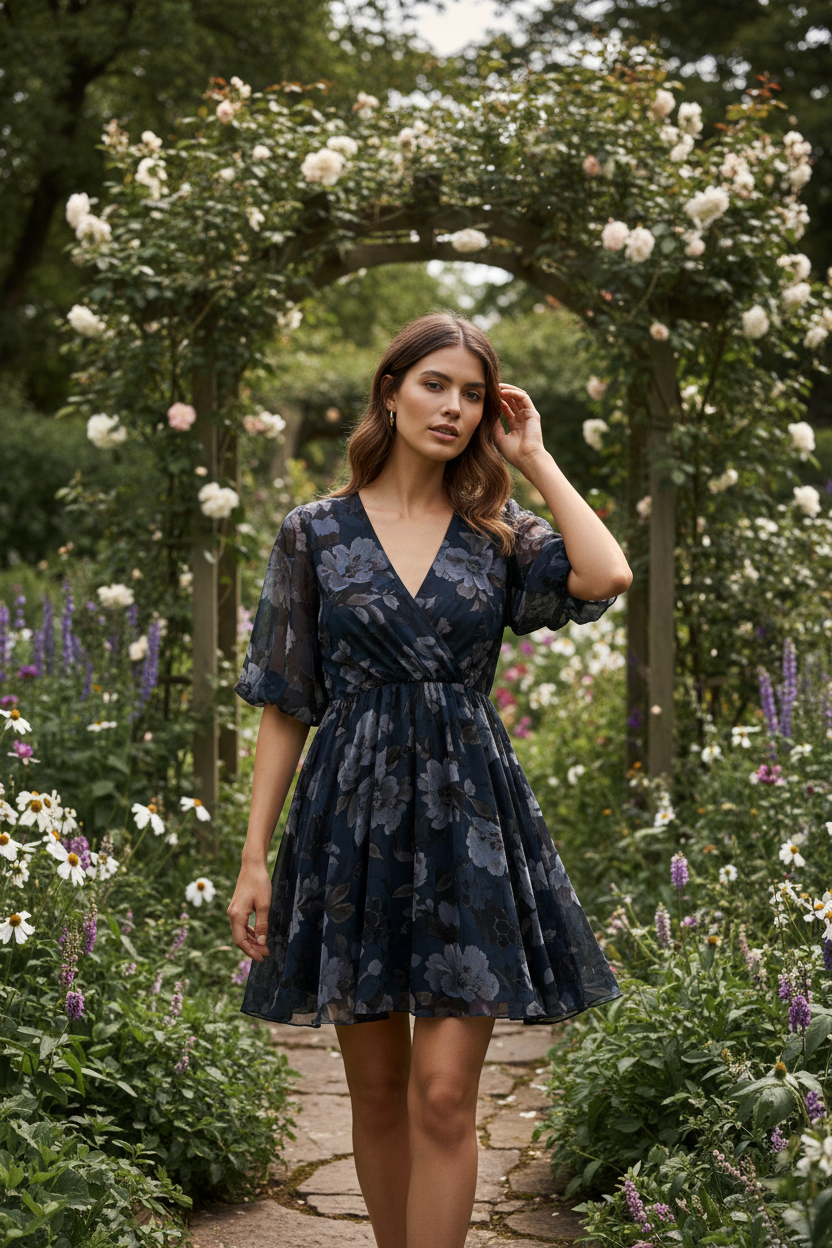 Midnight Floral - Female model standing in garden