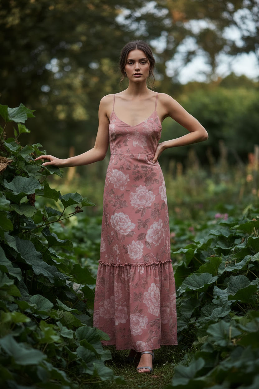 Luna Floral Slip Dress Dusty Rose Floral – model standing outdoors
