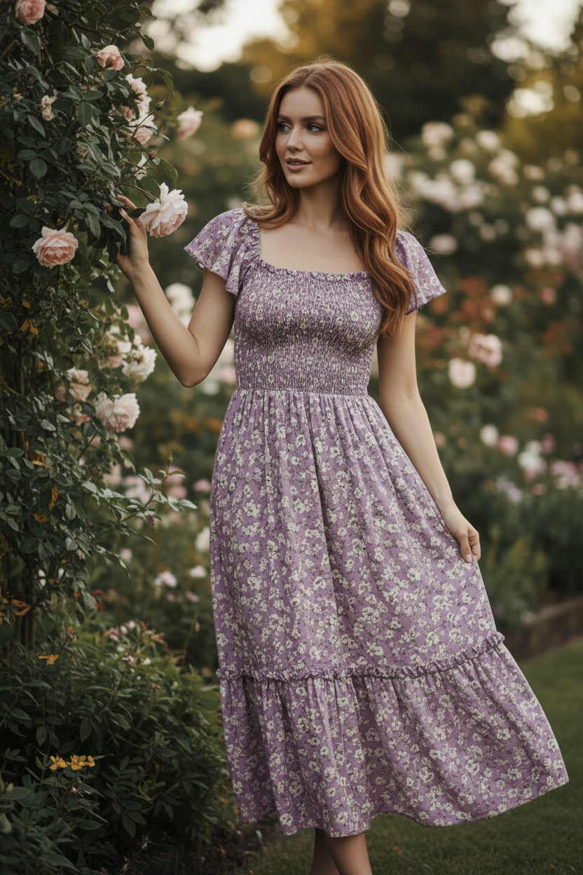 Elara Smocked Midi Dress Lavender Floral — model posing naturally
