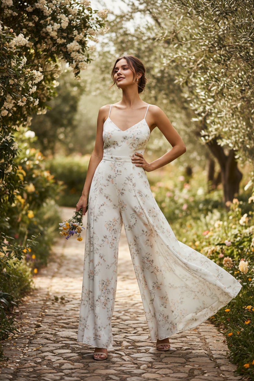 Ivory Floral jumpsuit - female model posing naturally