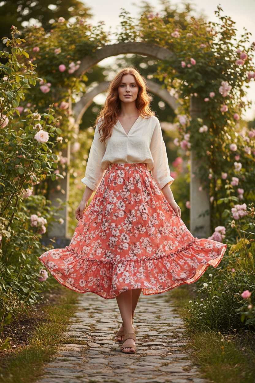 Female model posing naturally in Stella Garden Midi Skirt Coral Floral
