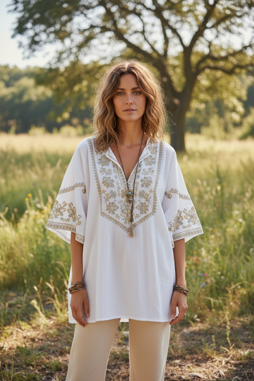 White Embroidered – Female model standing outdoors