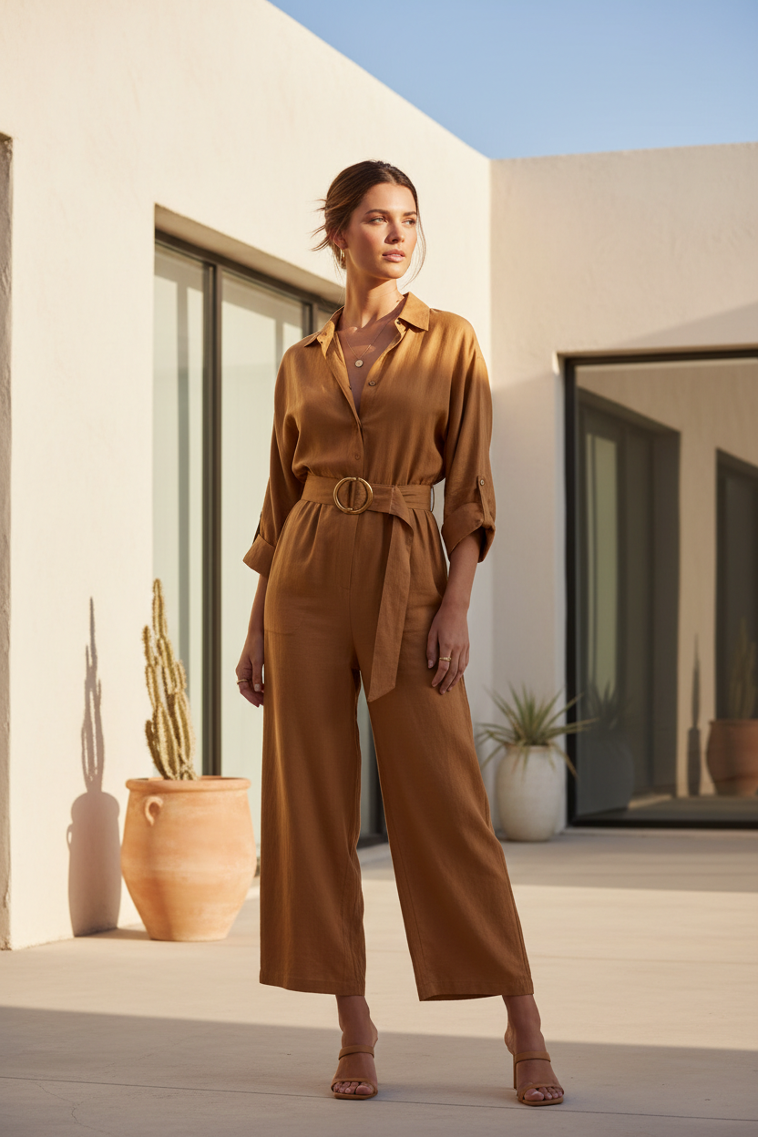 Camel belted playsuit - female model standing outdoors