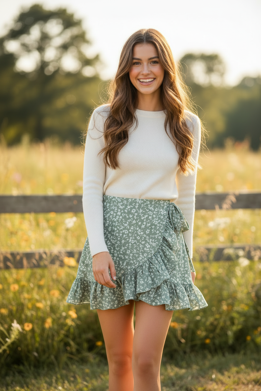 Sage Floral — Female model smiling naturally wearing Aurora Ruffle Mini Skirt