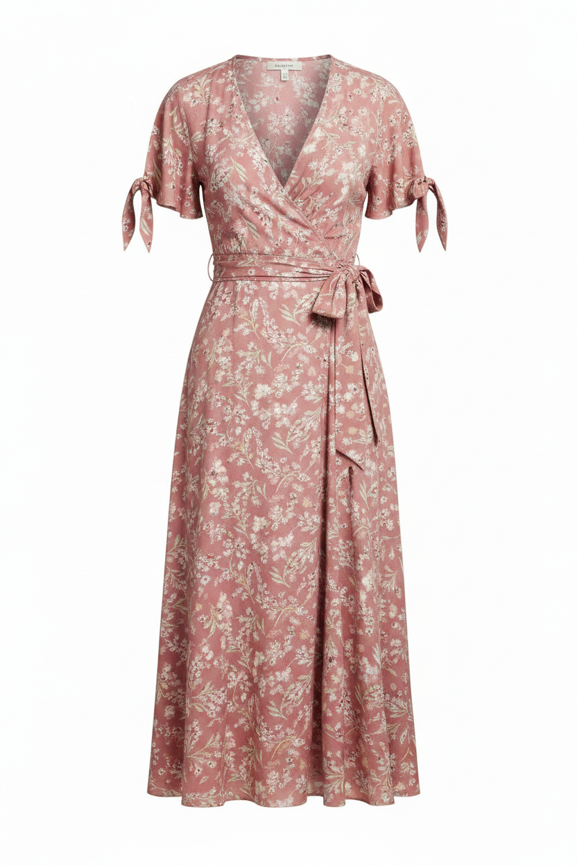 Dusty Rose Floral wrap dress – front view white background