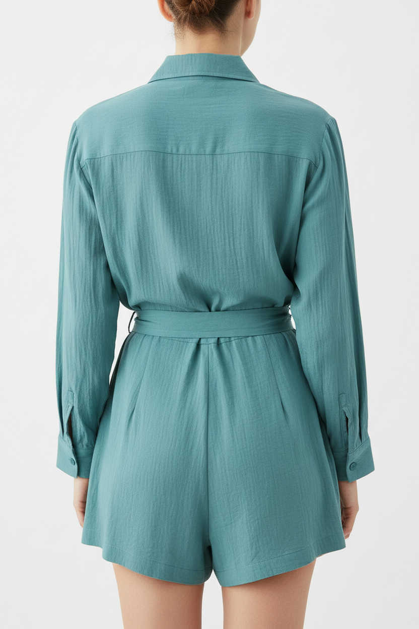 Teal belted playsuit - back view white background