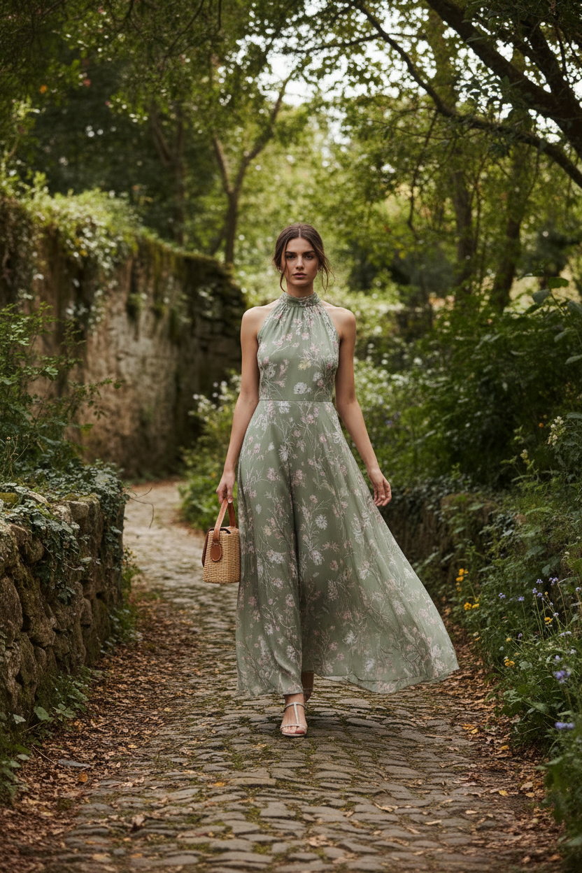Sage Floral – Female model walking outdoors wearing Elara Floral Maxi Dress