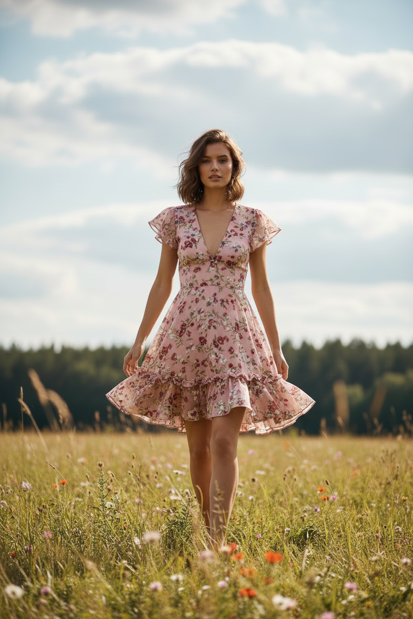 Blush Floral – Female model walking outdoors wearing Luna Floral Mini Dress