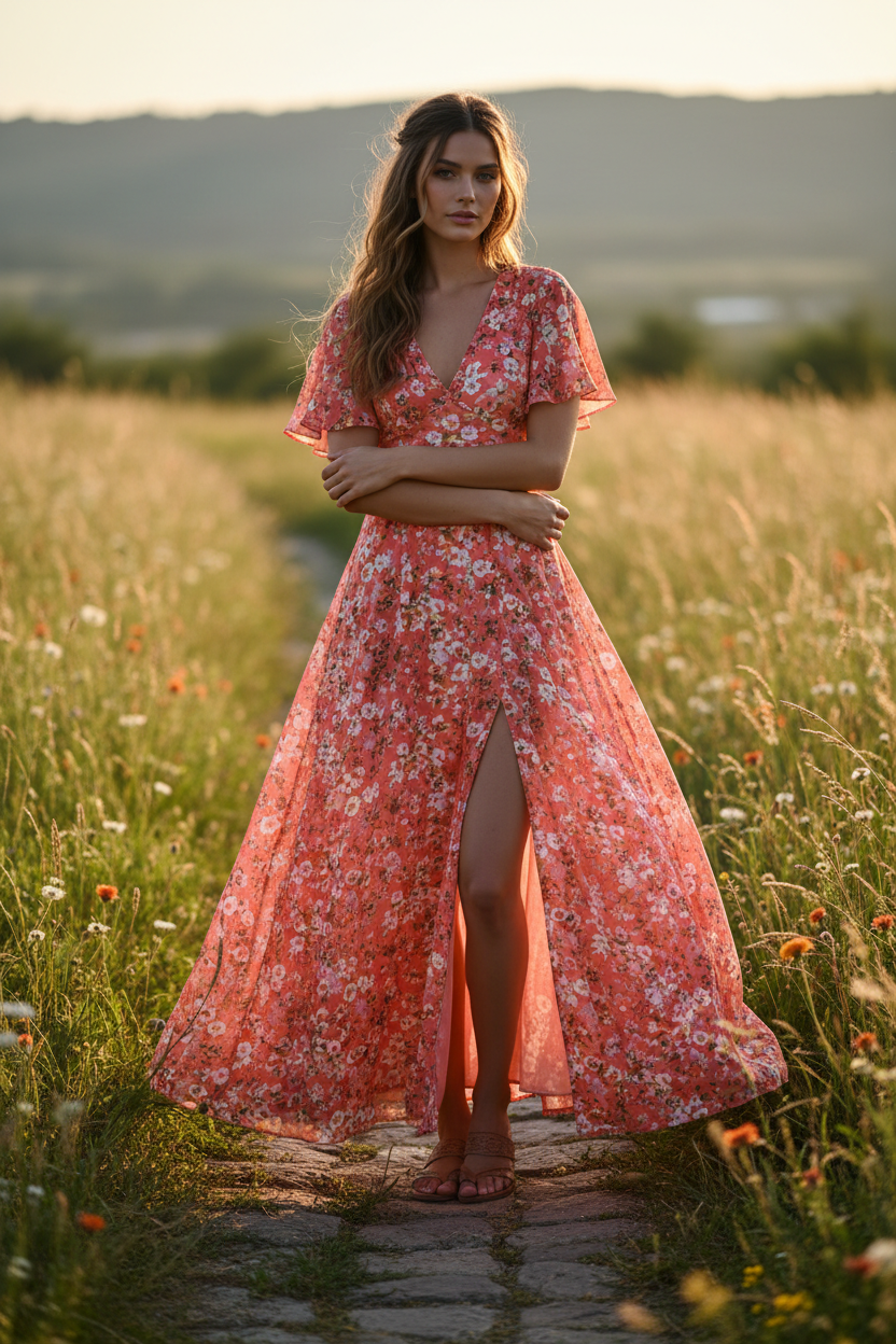 Stella Boho Maxi Dress Coral Floral – Model posing naturally