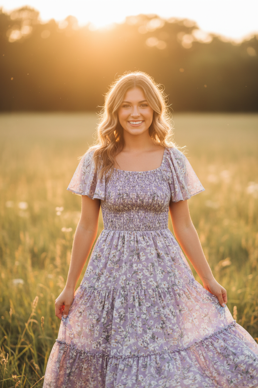 Lavender Floral - Female model smiling in sunlight
