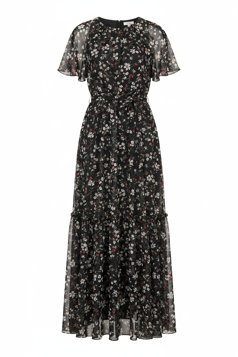 Black floral chiffon maxi dress front view on white background