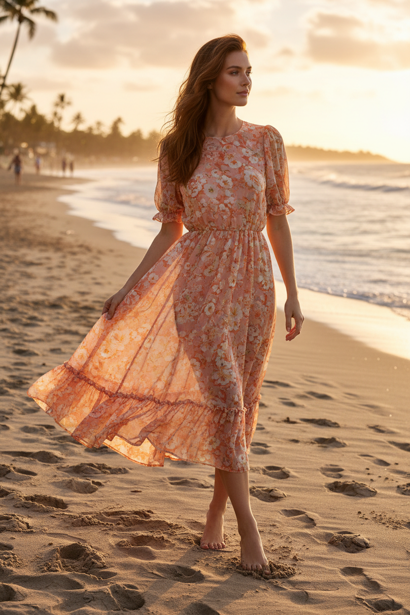 Female model at beach wearing Aurora Summer Dress in Peach Floral
