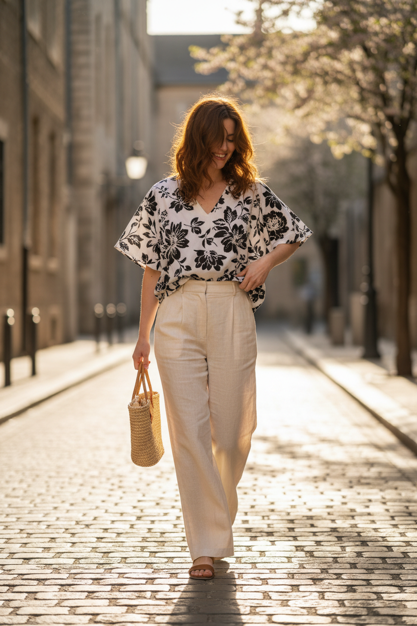 Black Floral – Female model walking outdoors