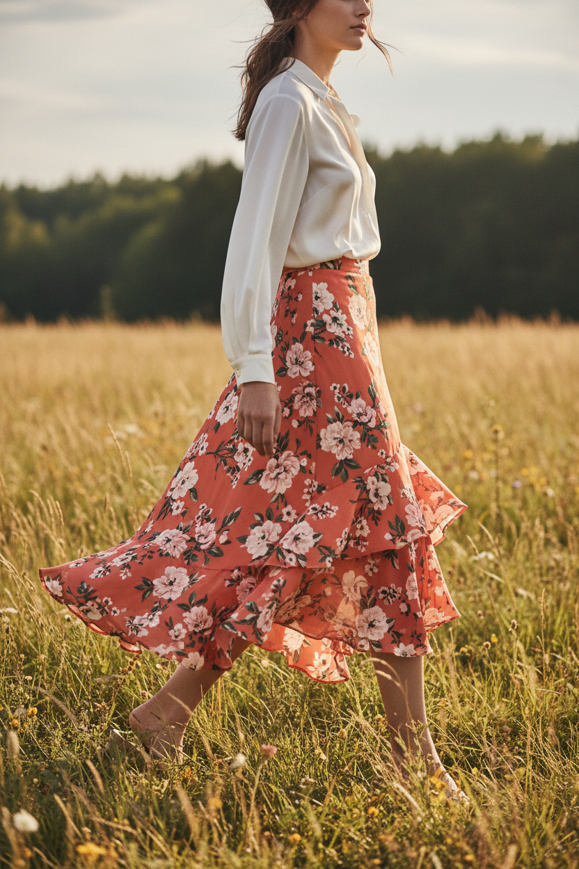 Female model walking outdoors wearing Stella Garden Midi Skirt in Coral Floral