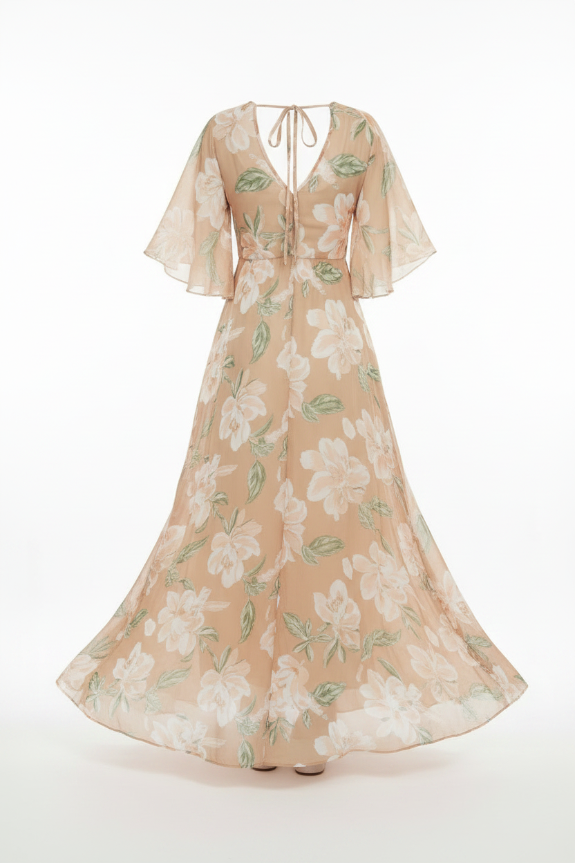 Stella Boho Maxi Dress Beige Floral – Back view white background