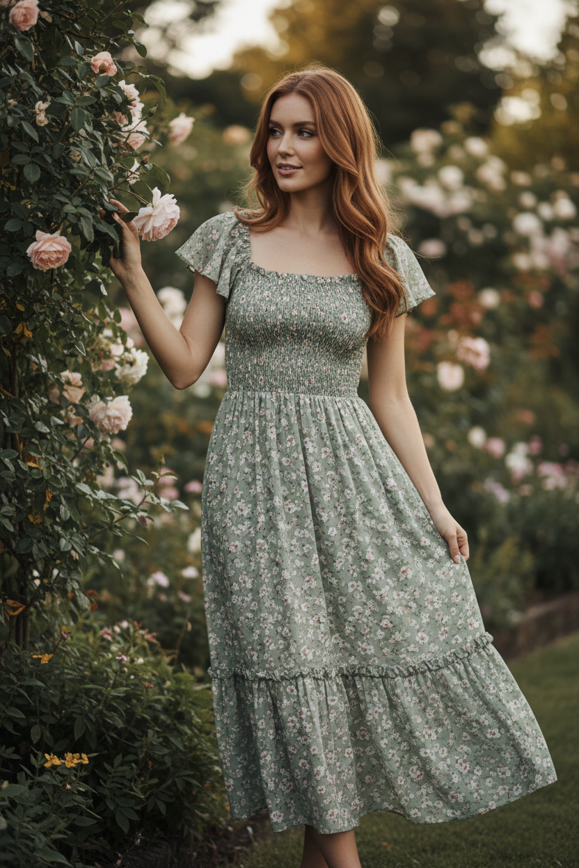 Elara Smocked Midi Dress Sage Floral — model posing naturally