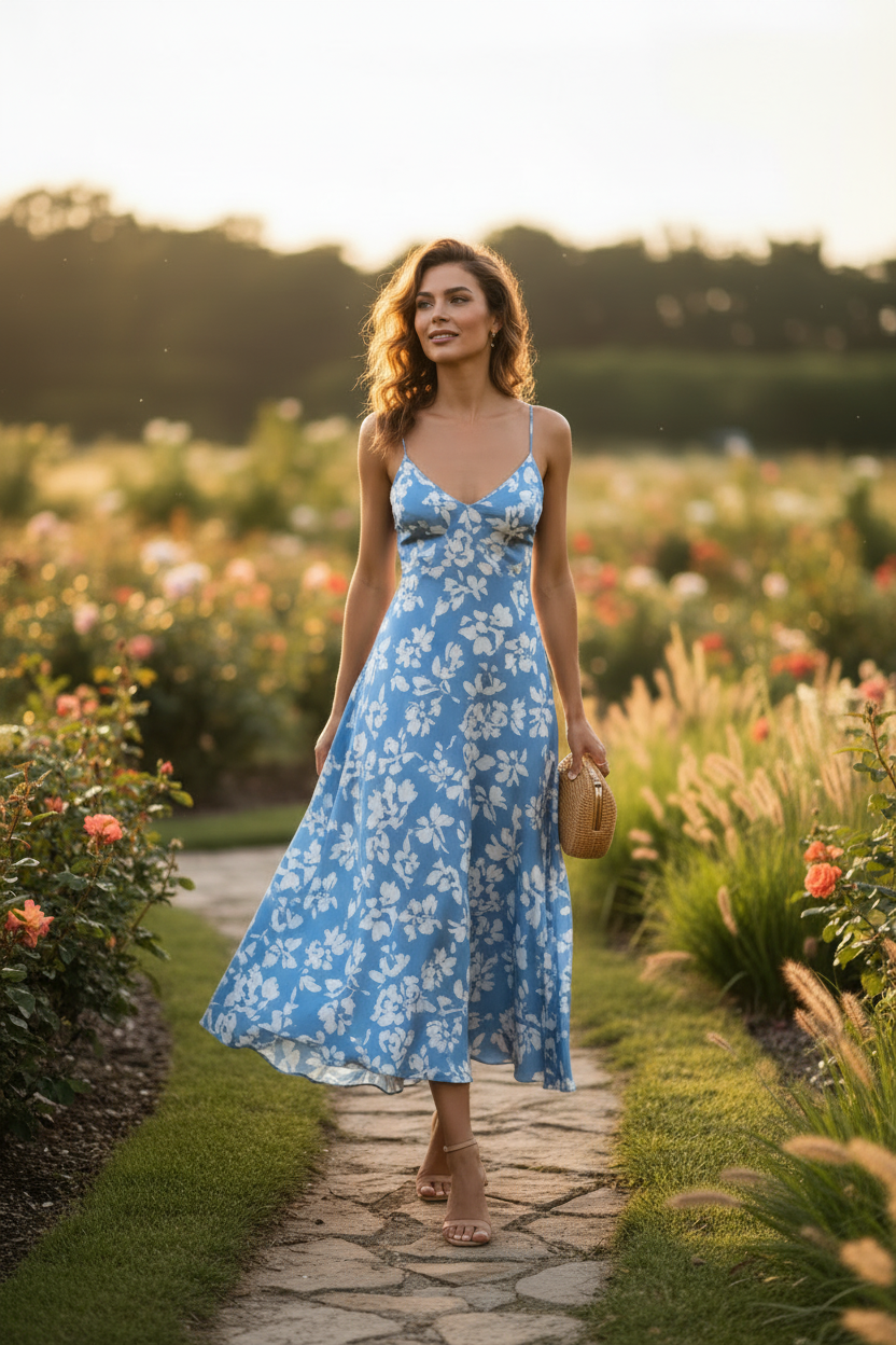 Celeste Evening Slip Dress - Sky Blue Floral - Model Walking Outdoors