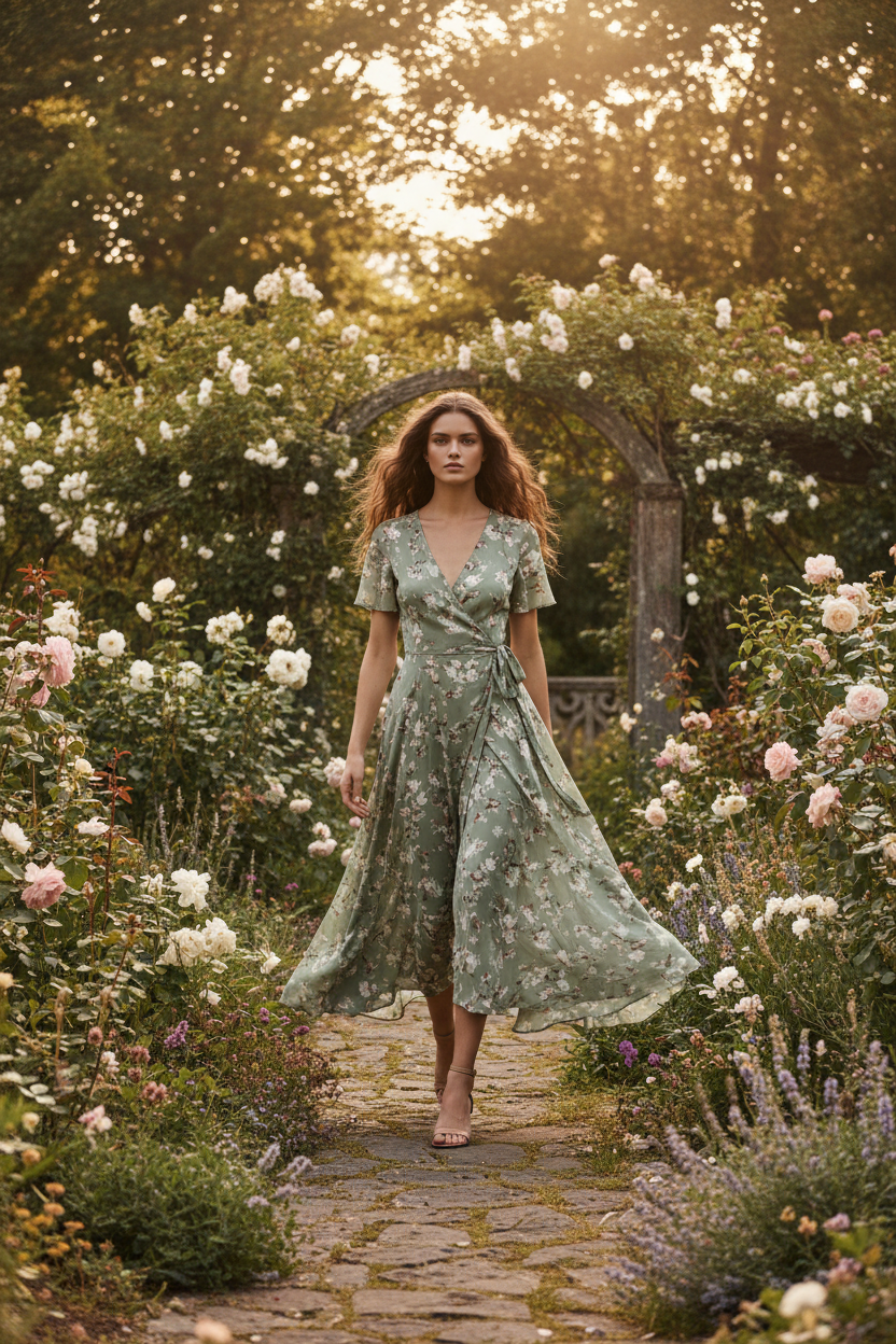 Sage Floral – Model walking outdoors