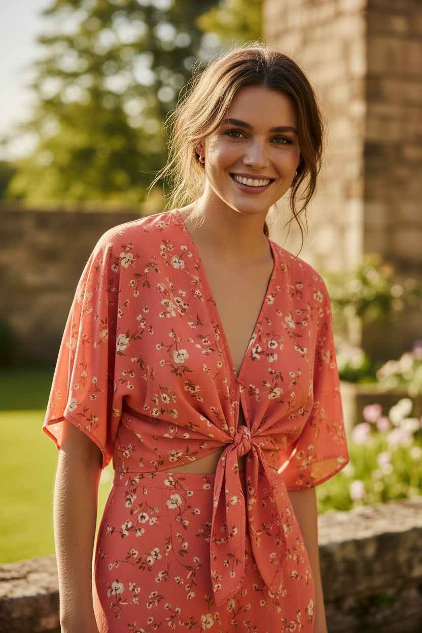 Coral Floral – Female model smiling naturally