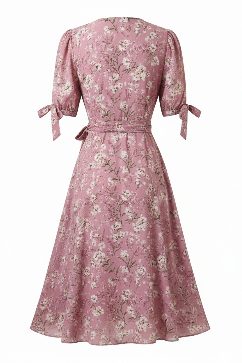 Dusty Rose Floral wrap dress – back view white background