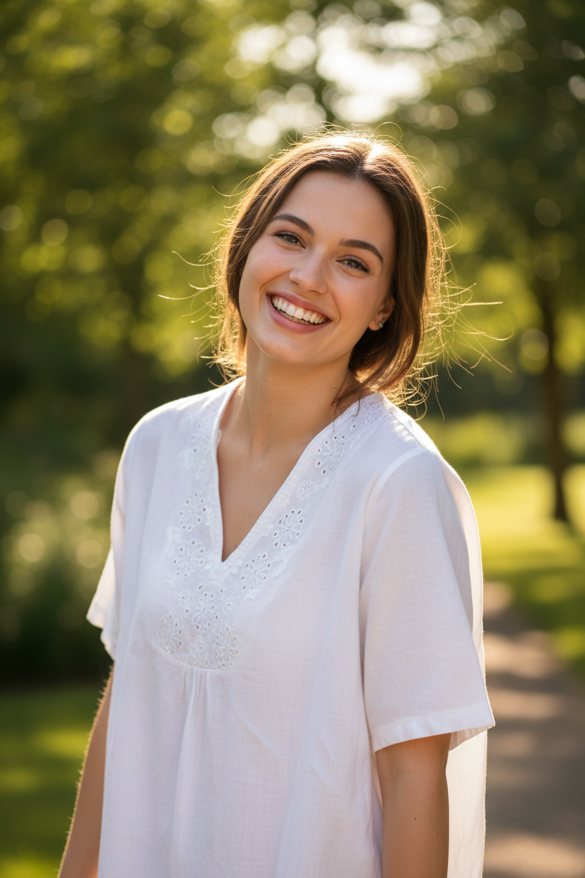 White Embroidered Top - Female model smiling naturally