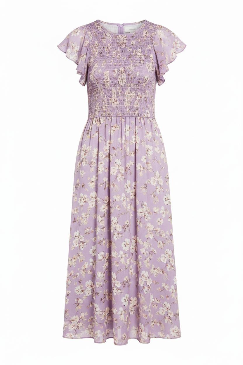 Elara Smocked Midi Dress Lavender Floral — front view white background