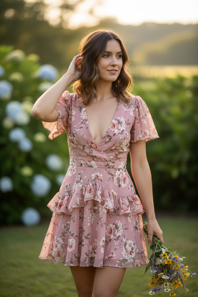 Dusty Rose Floral – Female model posing naturally
