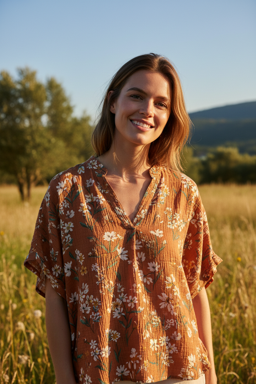 Terracotta Floral – Female model smiling naturally
