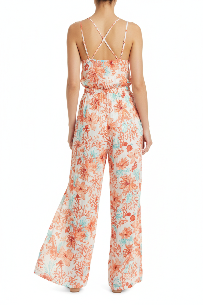 Coral Floral – Jumpsuit back view, white background