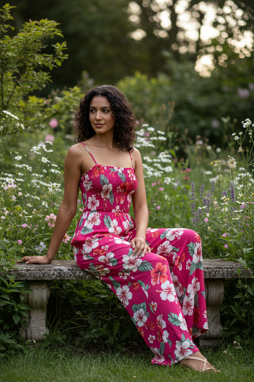 Fuchsia Floral Jumpsuit – Female model sitting outdoors
