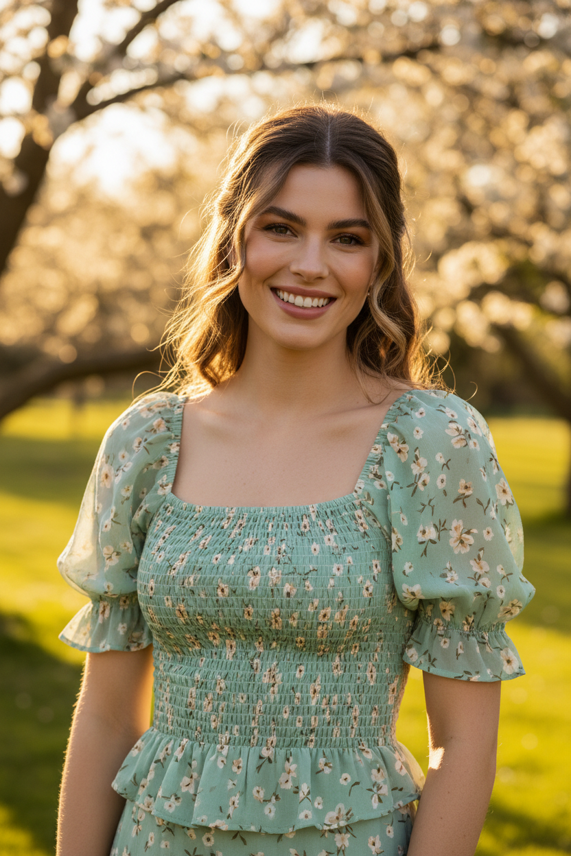 Mint Floral – Female model smiling naturally