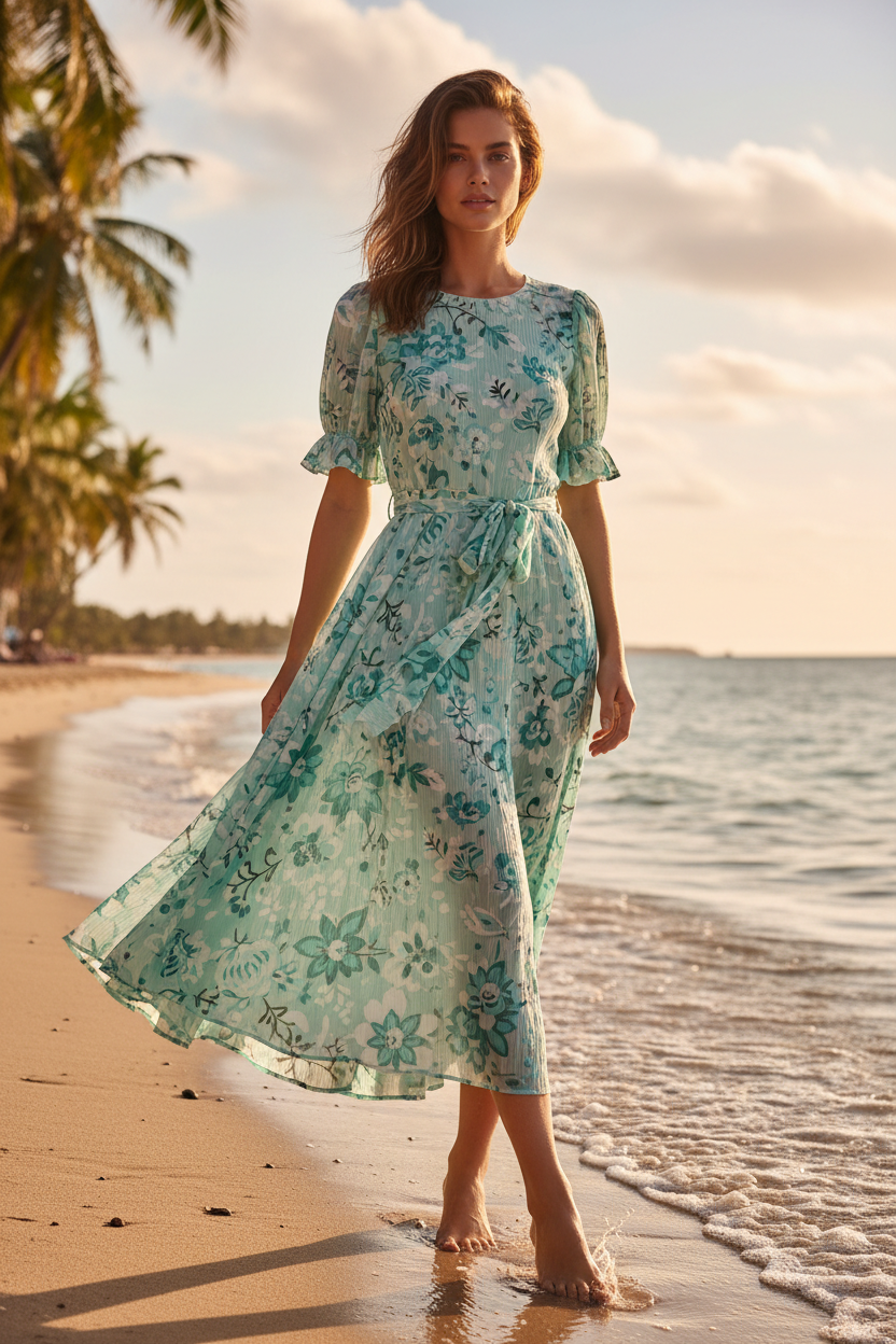 Female model at beach wearing Aurora Summer Dress in Mint Floral