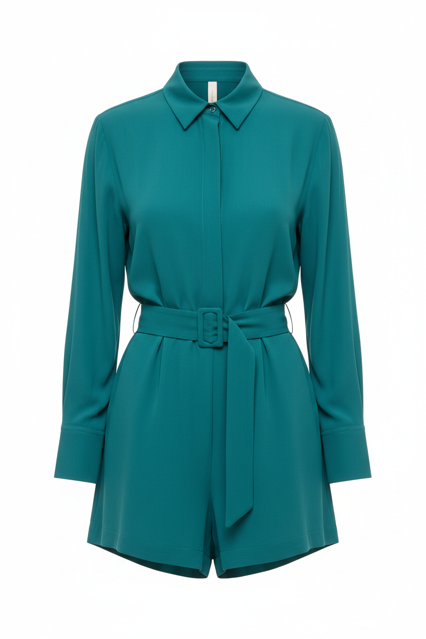 Teal belted playsuit - front view white background