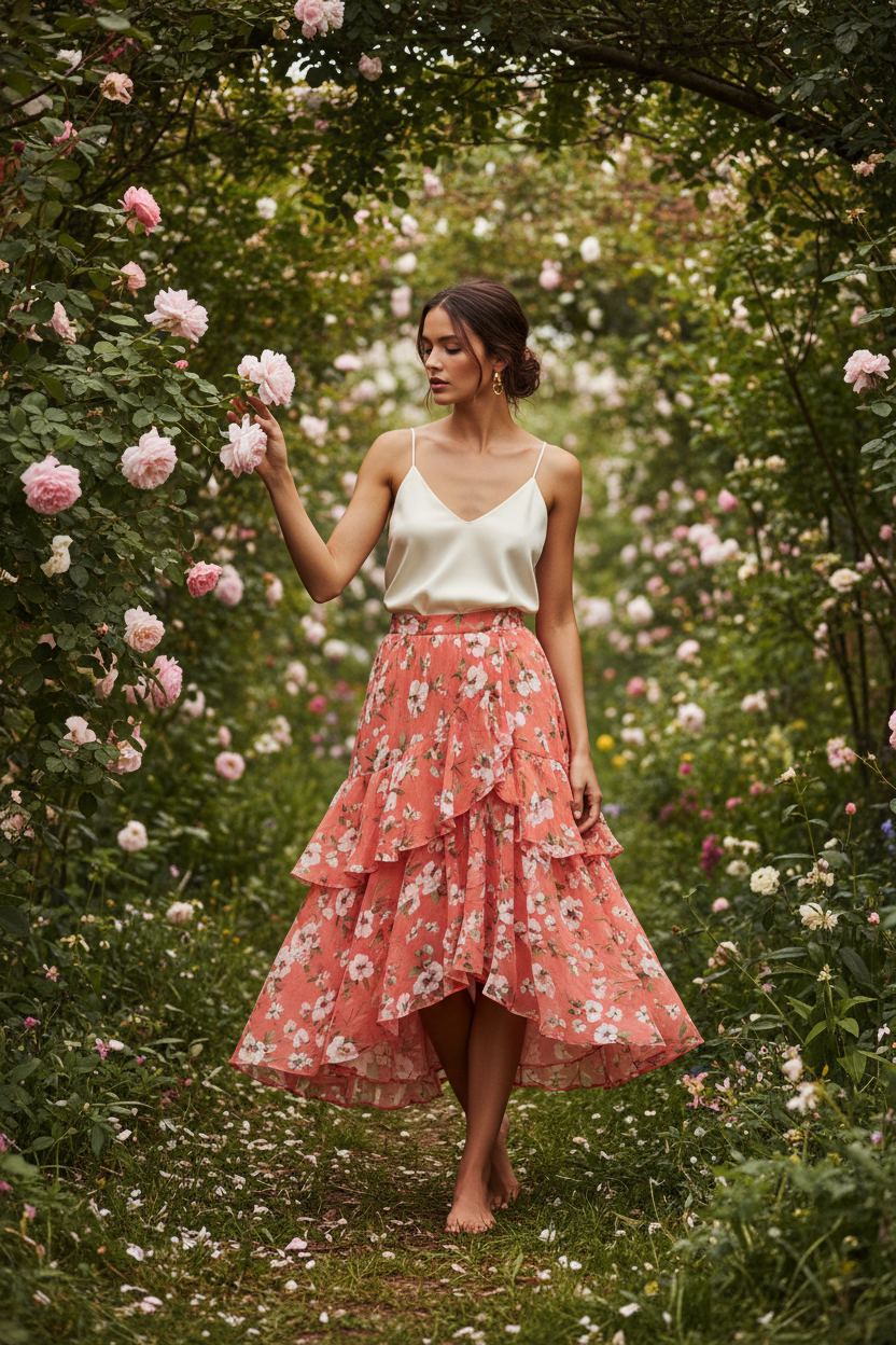 Female model standing in garden wearing Stella Garden Midi Skirt in Coral Floral
