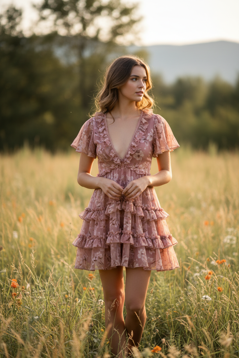 Dusty Rose Floral – Female model standing outdoors