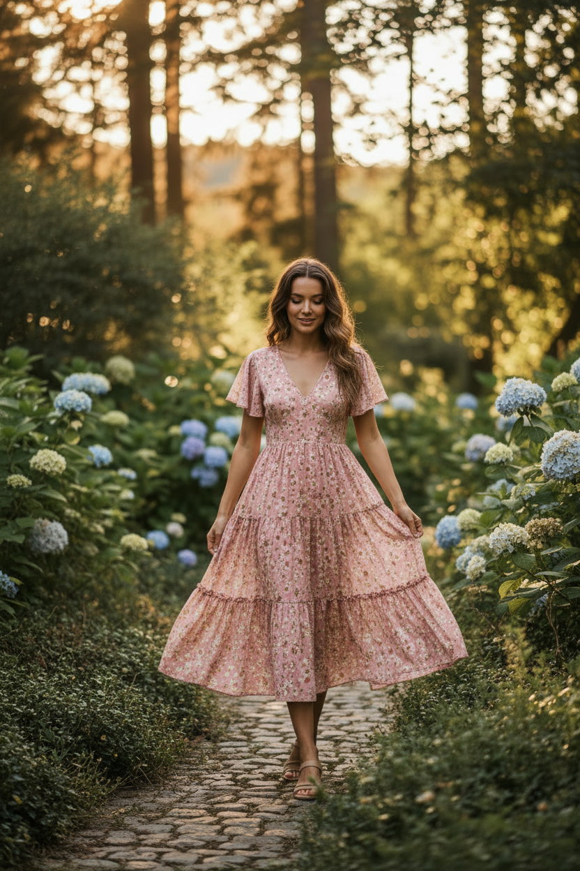 Soft Pink Floral - Model walking outdoors