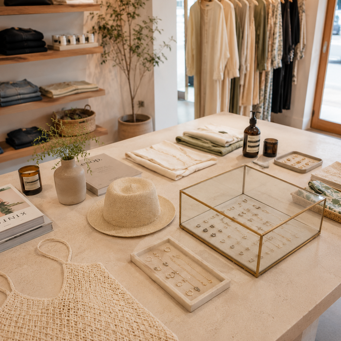 Display of clothing and accessories in a store setting with a table featuring a hat, bags, and jewelry.