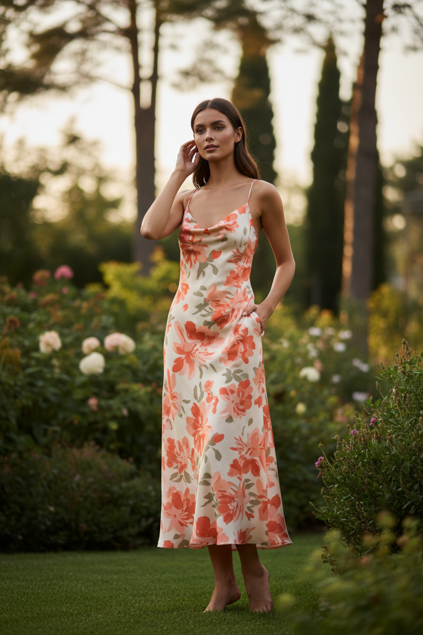 Celeste Evening Slip Dress - Coral Floral - Model Posing Naturally