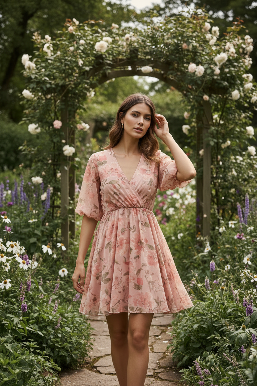 Peach Floral - Female model standing in garden