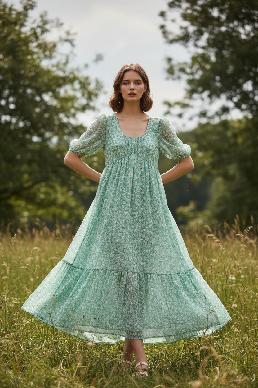 Female model standing outdoors wearing Aurora Summer Dress in Mint Floral