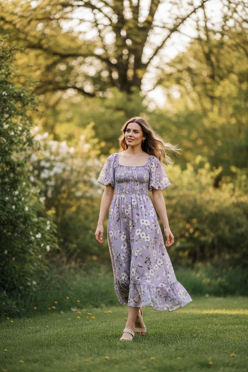 Lavender Floral - Female model walking in park