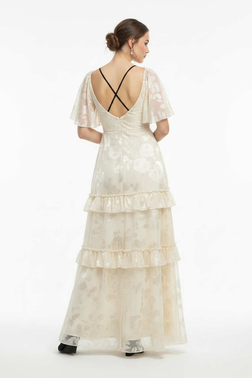 Ivory floral chiffon maxi dress back view on white background
