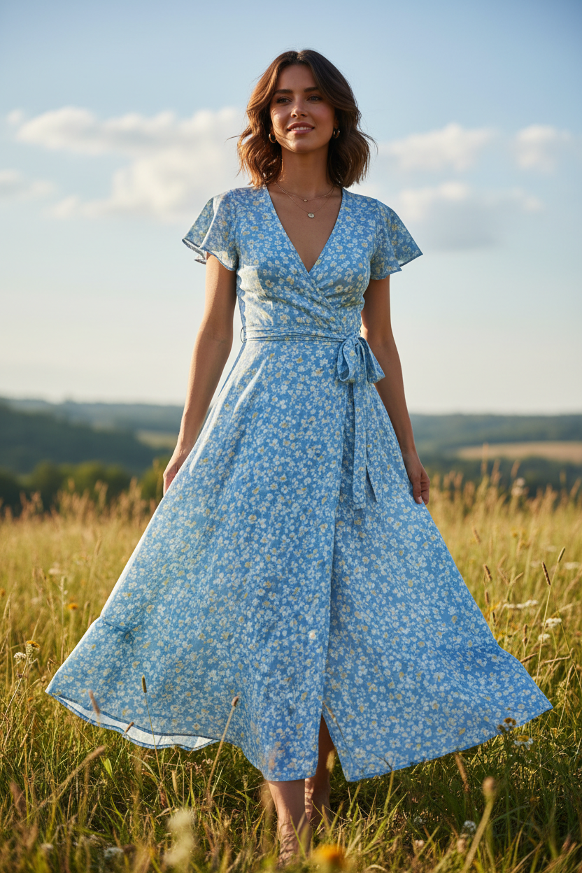 Sky Blue Floral – Female model standing outdoors