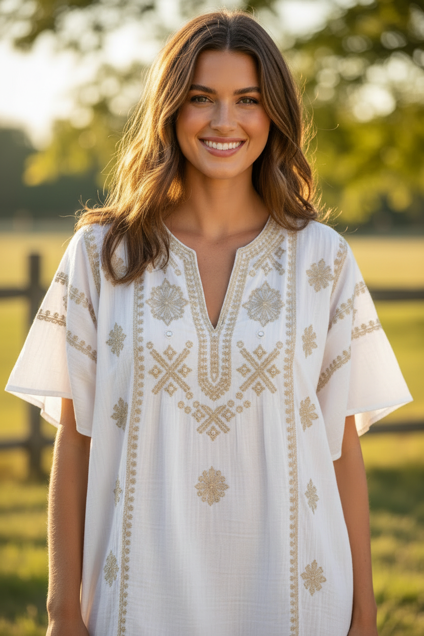 White Embroidered – Female model smiling naturally