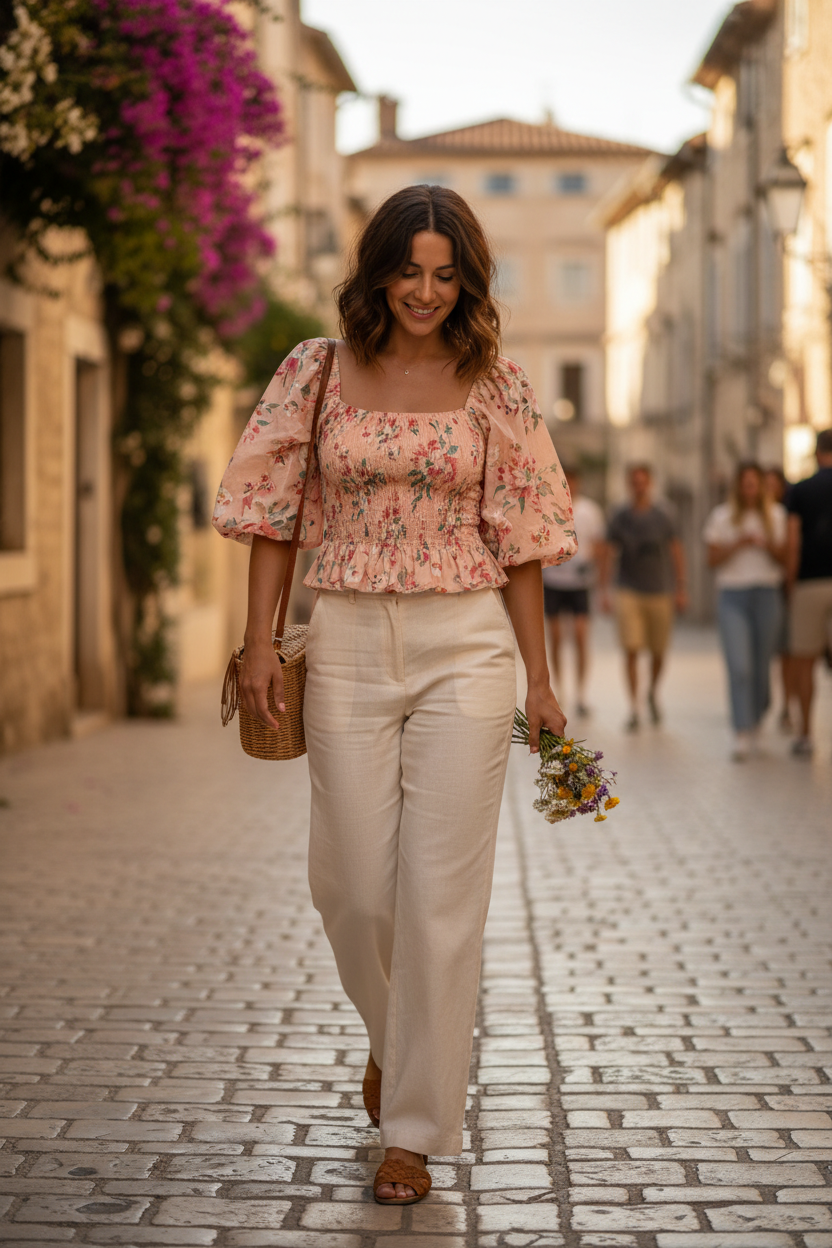 Peach Floral – Female model walking outdoors